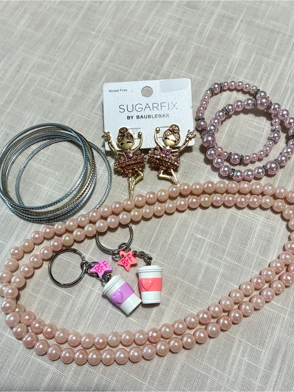 Ballerina Earrings Bestie Key Chains Bracelets and Pearls Necklace Lot